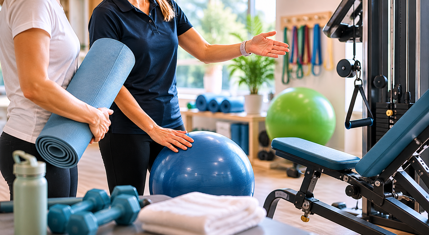 Exercise physiologists demonstrating safe, structured movement with exercise equipment in a professional clinic setting