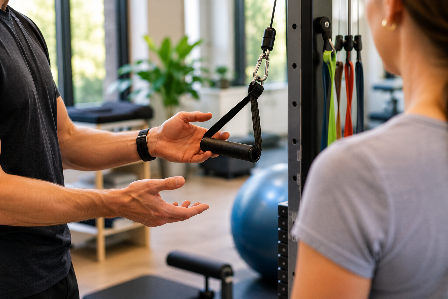 Exercise physiologist guiding patient through resistance training with cable machine in modern clinic