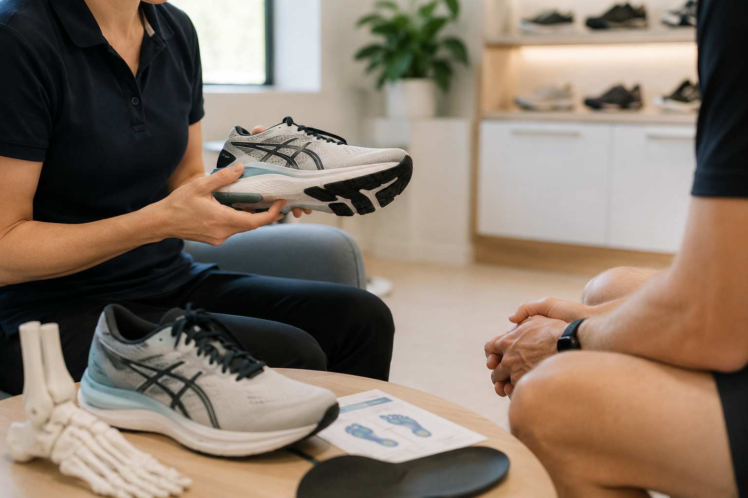 Podiatrist discussing appropriate footwear and foot health recommendations with a patient