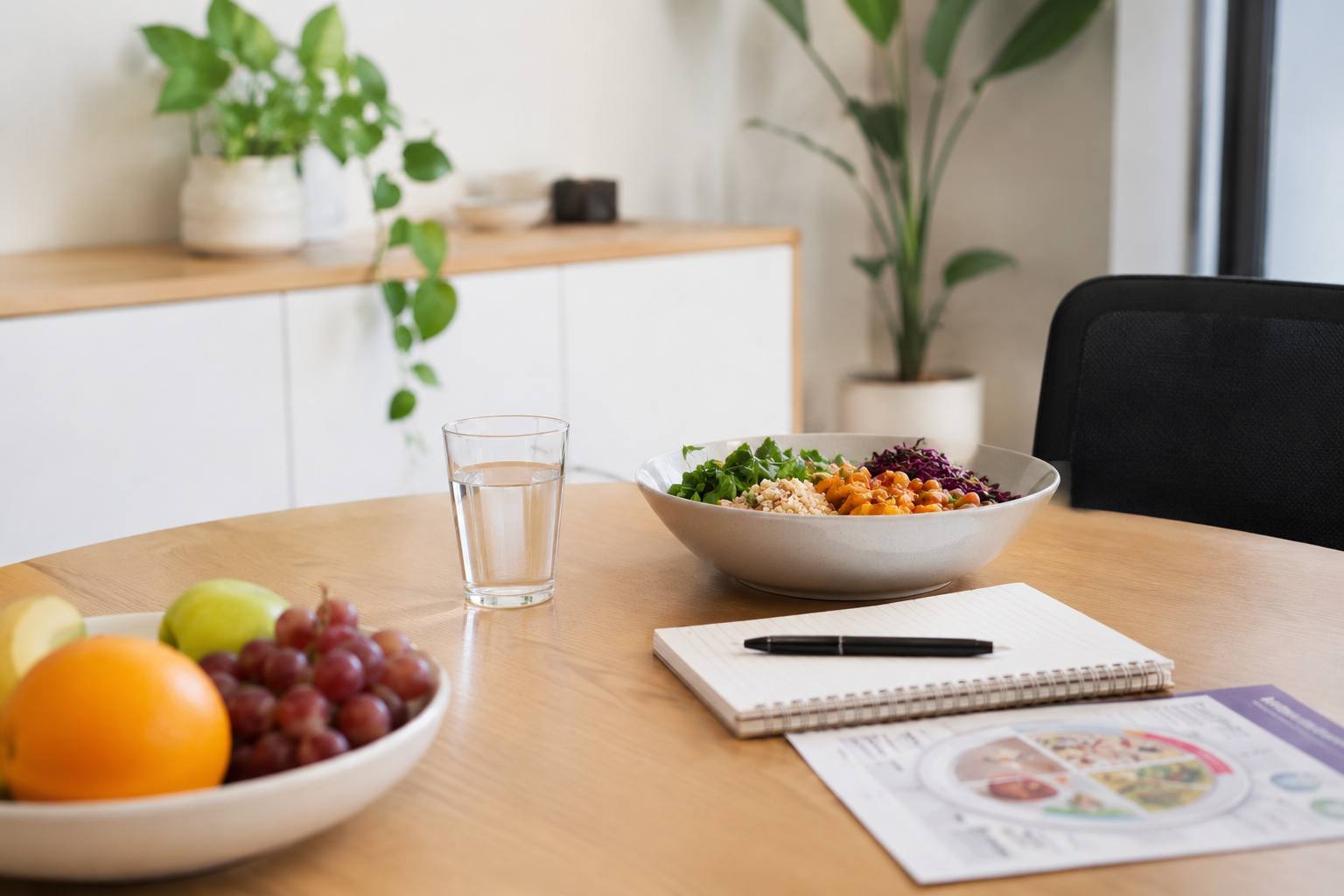 Dietitian nutrition consultation with balanced meal and healthy ingredients on desk