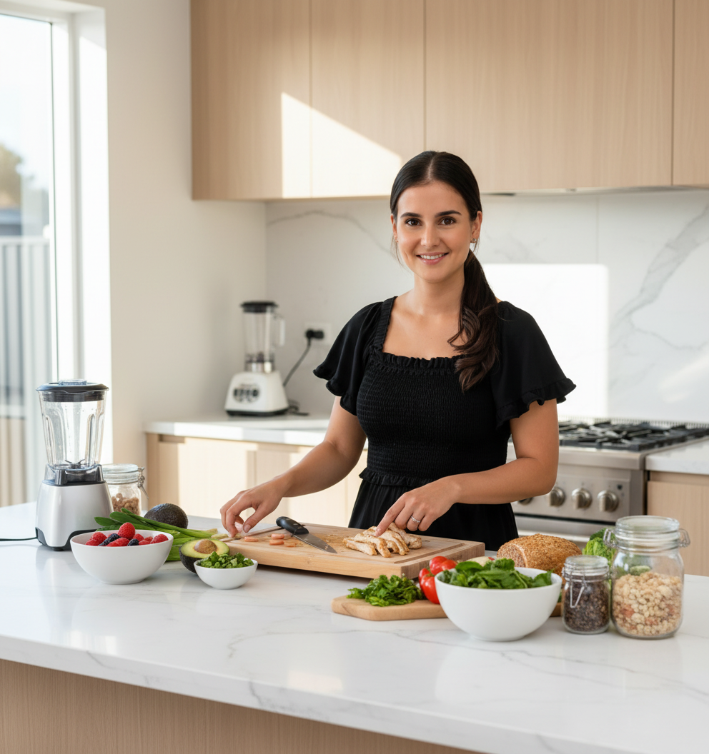 Keep the clinician's face, facial identity, skin tone, hairstyle, and overall appearance exactly the same as in the source photo. Place the clinician in a bright, professional contemporary kitchen, demonstrating healthy meal preparation or nutrition education at a kitchen bench with fresh ingredients and simple cooking equipment. Natural warm daylight, welcoming healthcare website photography, realistic composition, professional and approachable. Do not add text, logos, other people, or change the clinician's face.