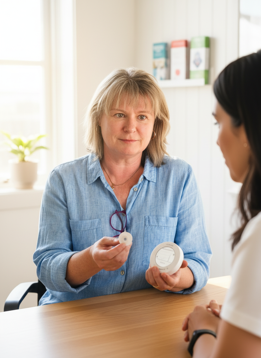 Keep the clinician's face, facial identity, skin tone, hairstyle, expression, clothing style, and overall appearance exactly the same as in the source photo. Recompose the scene so she is a diabetes educator demonstrating how to use a continuous glucose monitor (CGM) in a bright, professional consultation setting. Show her calmly explaining a CGM sensor and reader or smartphone to a patient, with the device clearly visible but no readable brand names, logos, or medical claims. Natural warm daylight, realistic professional healthcare website photography, approachable and educational. Do not add text, logos, extra staff, or change the clinician's face.