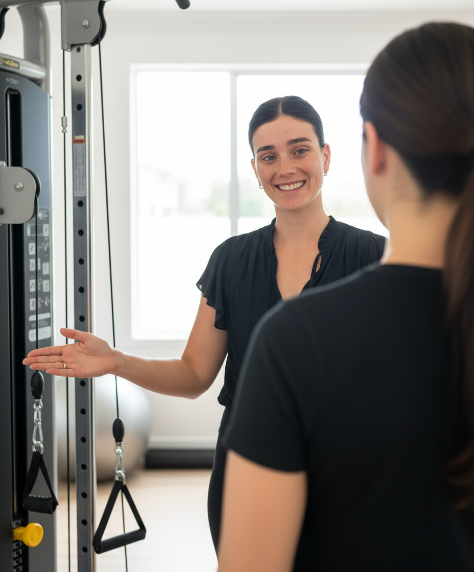 Use the uploaded source portrait as the strict identity reference for the clinician. Preserve her face exactly: same facial structure, eyes, eyebrows, nose, mouth, teeth, smile, skin texture, freckles, hairline, hairstyle, ears, jawline, and recognisable identity. Place her in a bright, professional studio gym where she is demonstrating a piece of exercise equipment to one patient. Compose the image so the camera focuses primarily on the clinician's face and upper body; the patient should be shown only from behind or in soft focus, with no identifiable facial features. Keep the clinician's clothing style and overall appearance consistent. Show the equipment clearly enough to communicate exercise physiology, with natural light and realistic healthcare website photography. No logos, readable brand names, text, extra staff, or changes to the clinician's facial features.